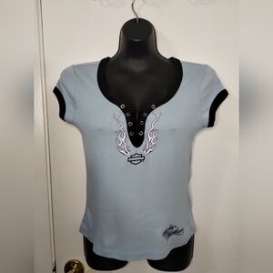 Harley Davidson Women's Size Medium Blue and Black Lace T-shirt